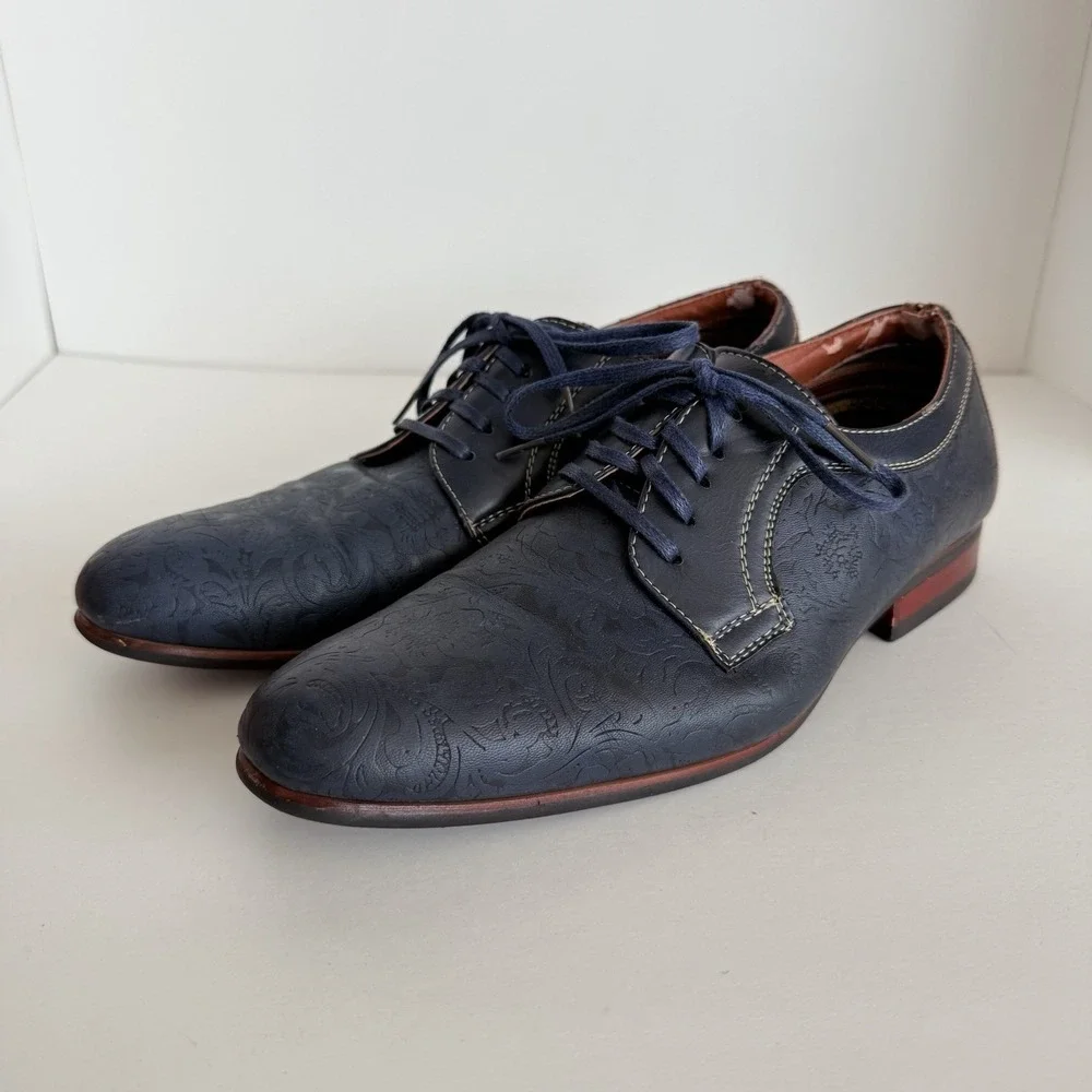 Ferro Aldo MFA-19380BL Navy Floral Embossed Oxford Dress Shoes Men's 7.5
